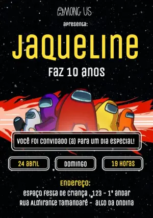 Convite de Aniversário Among Us com Personagens para Editar