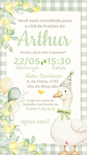 Convite Digital Chá de Fraldas Tema Patinho Aquarela para Editar
