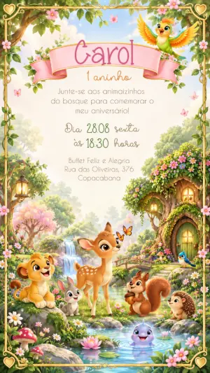Convite Editável Aniversário Bosque Encantado com Animais
