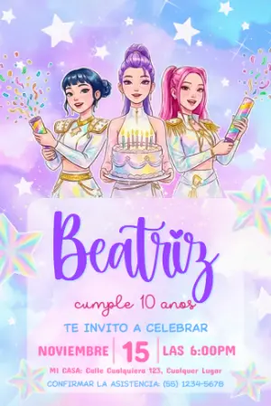 Invitación de Cumpleaños Las Guerreras K-Pop para Editar