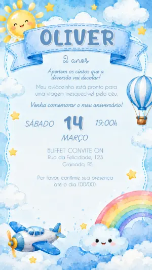 Convite de Aniversário Aviador Menino Editável