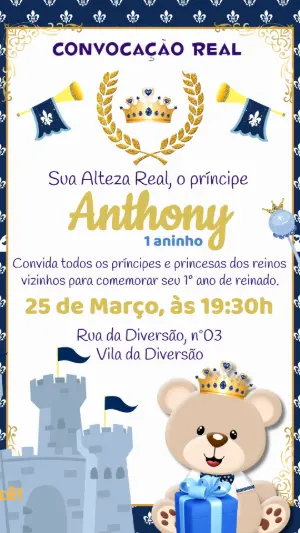 Convite Aniversário Príncipe Ursinho Azul e Dourado para Editar