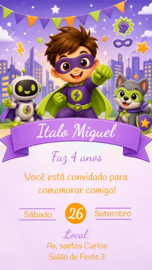 Convite Digital Aniversário Super-herói Menino Editável