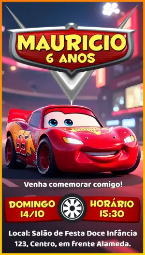 Convite de Aniversário Carros Relâmpago McQueen para Editar