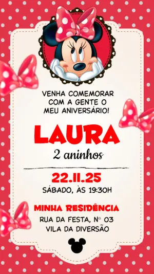 Convite de Aniversário Minnie Vermelha Clássico Editável