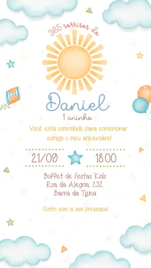 Convite de Aniversário Infantil Sol 365 Sorrisos Editável