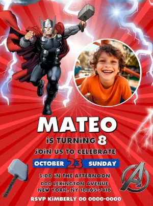 Editable Thor Superhero Birthday Invitation with Photo