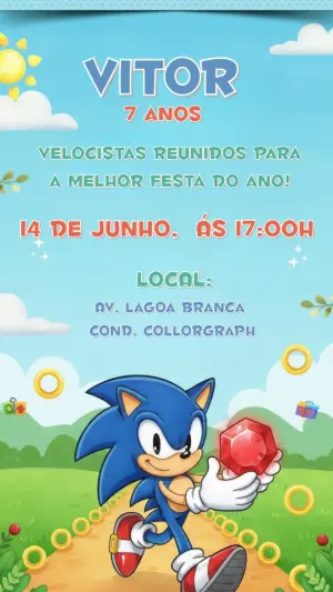 Convite Digital Aniversário Infantil Tema Sonic para Editar