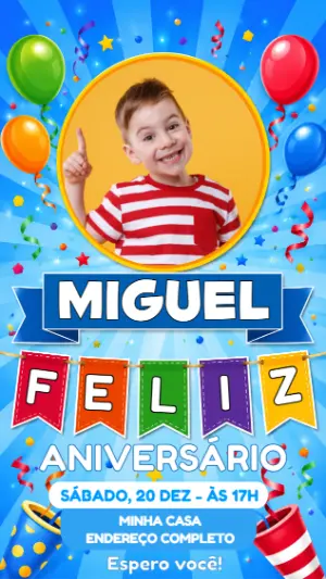 Convite de Aniversário Infantil com Foto Colorido para Editar
