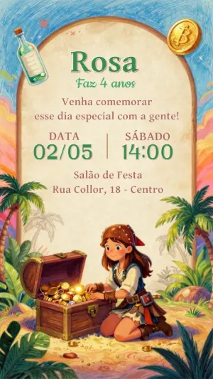 Convite de Aniversário Pirata Menina Ilustrado para Editar