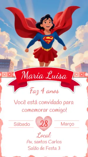 Convite de Aniversário Super-heroína Ilustrado para Editar