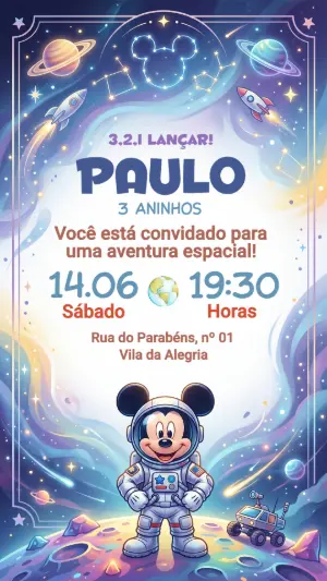 Convite de Aniversário Mickey Astronauta no Espaço Editável