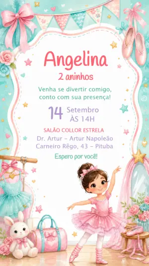 Convite de Aniversário Bailarina Aquarela para Editar