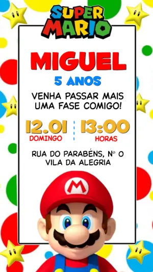 Convite de Aniversário Super Mario Colorido para Editar