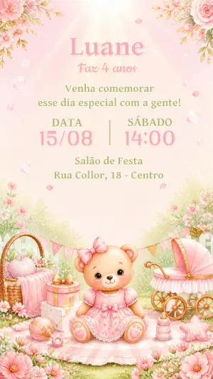 Convite Aniversário Ursinha Rosa Aquarela para Editar