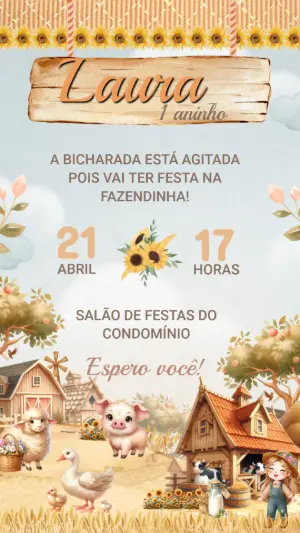 Convite de Aniversário Fazendinha Aquarela para Editar