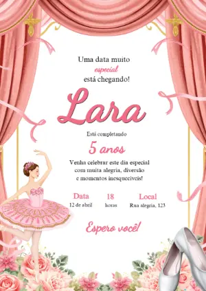 Convite Editável de Aniversário Tema Bailarina Rosa