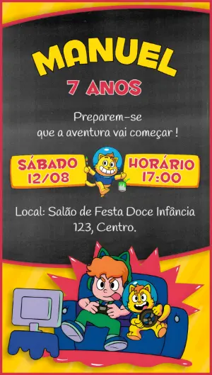 Convite Aniversário Gamer Gato Galáctico para Editar Online