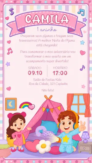 Convite Festa do Pijama Rosa Editável para Aniversário