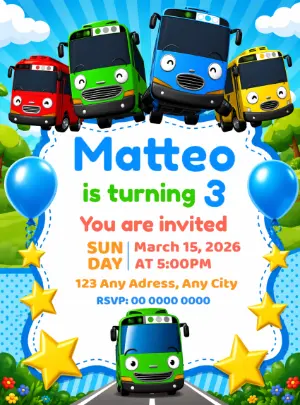 Colorful Kids' Bus Birthday Invitation - Editable Template