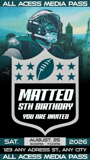 Editable Football Media Pass Birthday Invitation Saquon Barkley Eagles