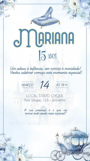 Convite 15 Anos Cinderela Princesa para Editar Online