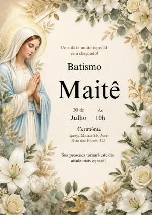 Convite de Batismo Elegante com Nossa Senhora para Editar Online