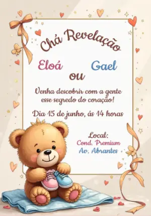 Convite Chá Revelação Ursinho Fofo para Editar Online