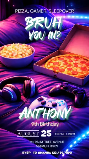 Gamer Sleepover Birthday Invitation | Neon Editable Template
