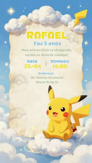 Convite de Aniversário Pikachu Fofo para Editar Online
