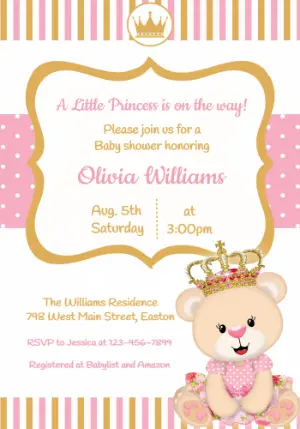 Princess Teddy Bear Baby Shower Invitation Editable Template