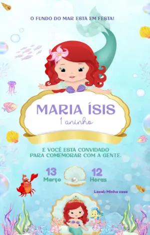 Convite Aniversário Pequena Sereia Ariel para Editar Online