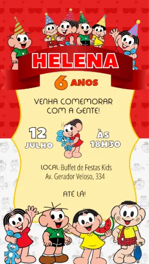 Convite de Aniversário Turma da Mônica Colorido para Editar