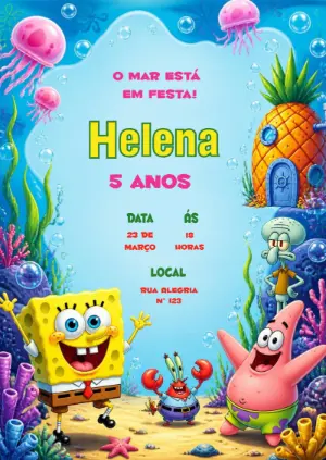 Convite de Aniversário Bob Esponja Digital para Editar