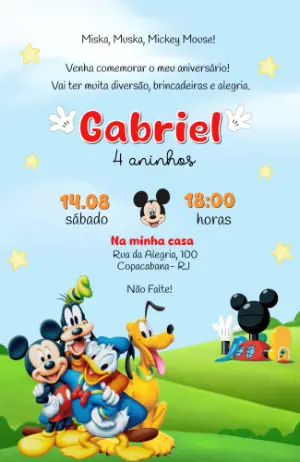 Convite de Aniversário Turma do Mickey Mouse Digital para Editar