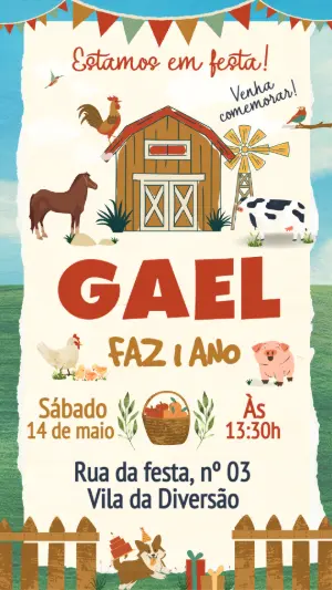 Convite de Aniversário Fazendinha Ilustrado para Editar Online
