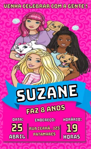 Convite Aniversário Barbie com Amigas e Pets para Editar Online