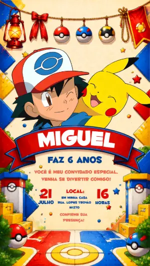 Convite Digital Aniversário Pokémon com Ash para Editar
