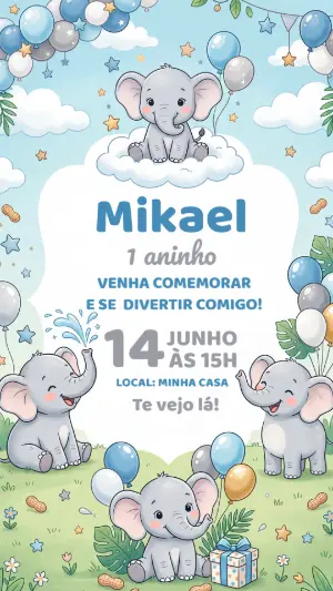 Convite de Aniversário Elefante Baby Azul Modelo Editável