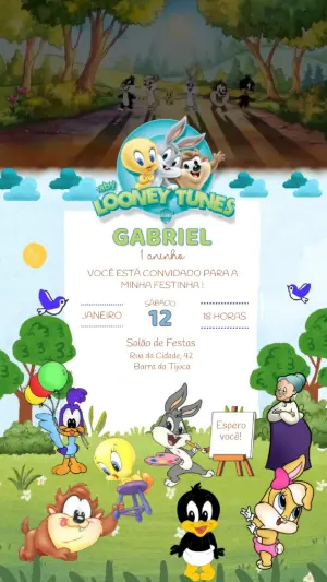 Convite Animado Aniversário Baby Looney Tunes para Editar