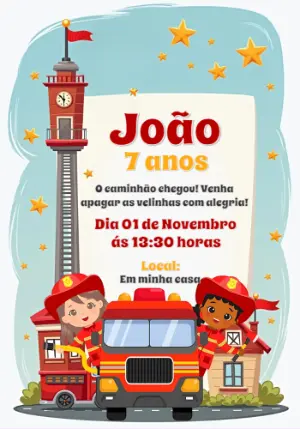 Convite Aniversário Bombeiro com Caminhão para Editar Online