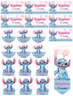 Etiquetas Escolares Festa Stitch Editável para Imprimir