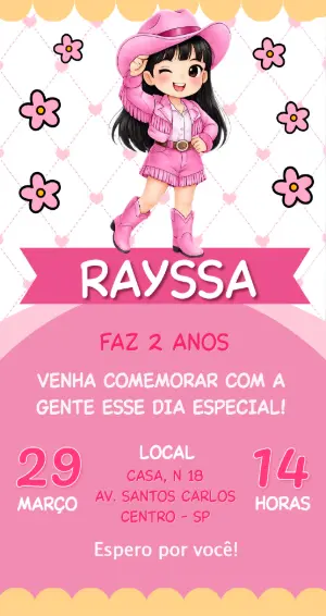 Convite de Aniversário Cowgirl Rosa Fofo para Editar