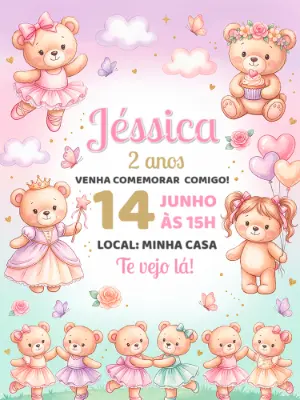 Convite de Aniversário Ursinha Bailarina Rosa Editável