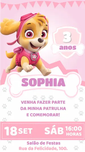Convite Aniversário Patrulha Canina Skye para Editar Online
