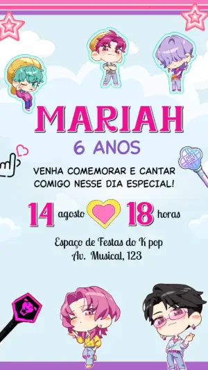 Convite de Aniversário K-Pop com Personagens para Editar Online