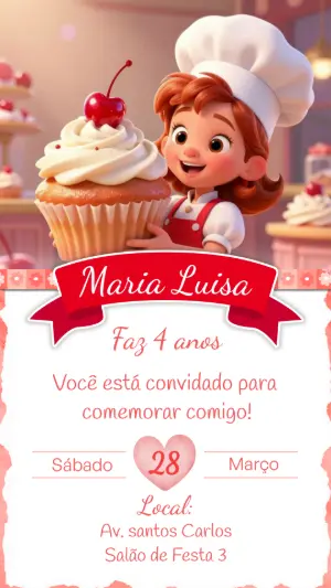 Convite de Aniversário Infantil Tema Confeitaria Editável