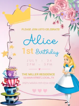 Alice in Wonderland Birthday Invitation Editable Online
