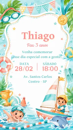 Convite de Aniversário Festa na Piscina Editável