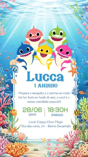 Convite de Aniversário Baby Shark com a Família para Editar